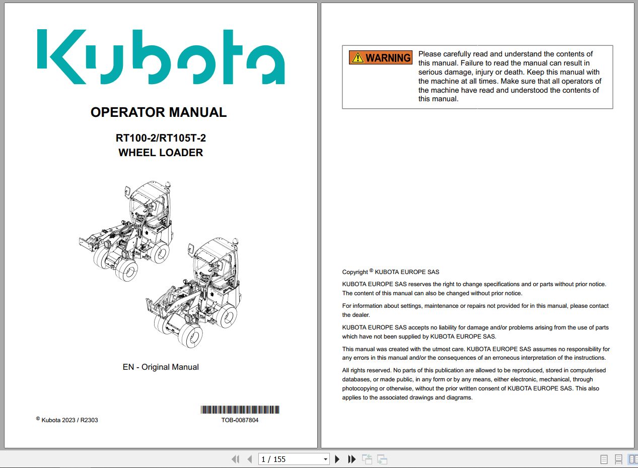 Kubota Wheel Loader RT1000 2 RT105T 2 Operator Manual TOB 0087804 2023 (1)