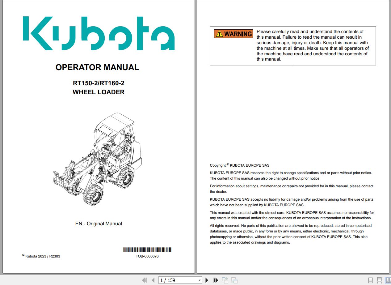 Kubota Wheel Loader RT150 2 RT160 2 Operator Manual TOB 0086676 2023 (1)