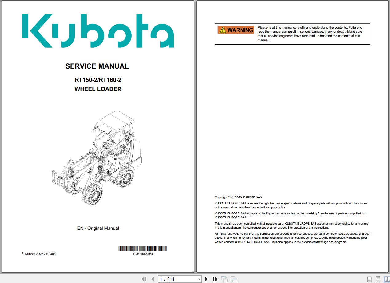 Kubota Wheel Loader RT150 2 RT160 2 Service Manual TOB 0086764 2023 (1)