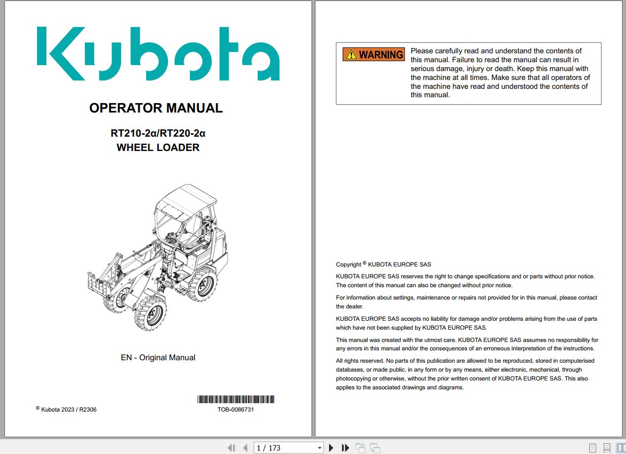 Kubota Wheel Loader RT210 2a RT220 2a Operator Manual TOB 0086731 2023 (1)