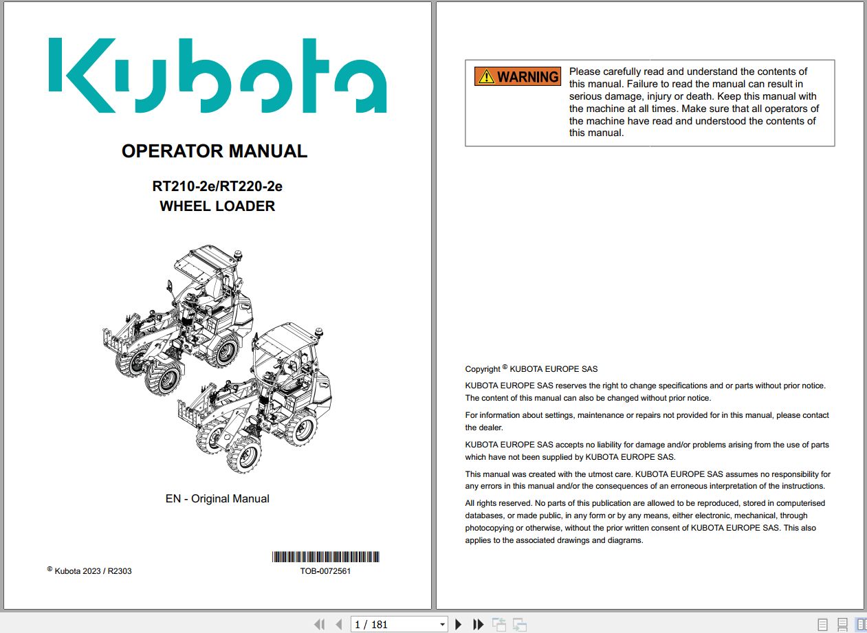 Kubota Wheel Loader RT210 2e RT220 2e Operator Manual TOB 0072561 2023 (1)