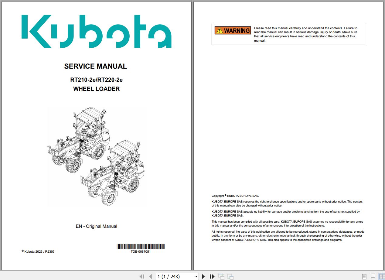 Kubota Wheel Loader RT210 2e RT220 2e Service Manual TOB 0087051 2023 (1)