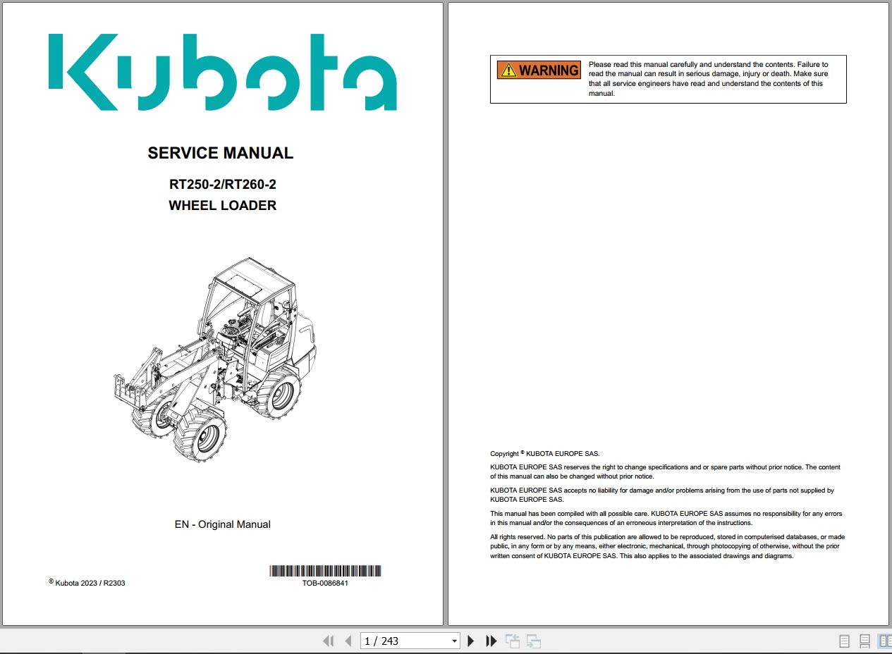 Kubota Wheel Loader RT250 2 RT260 2 Service Manual TOB 0086841 2023 (1)