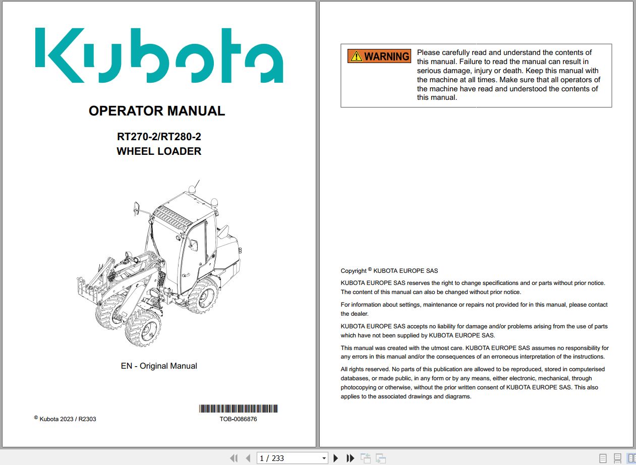 Kubota Wheel Loader RT270 2 RT280 2 Operator Manual TOB 0086876 2023 (1)