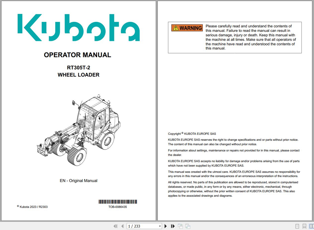 Kubota Wheel Loader RT305T 2 Operator Manual TOB 0086435 2023 (1)