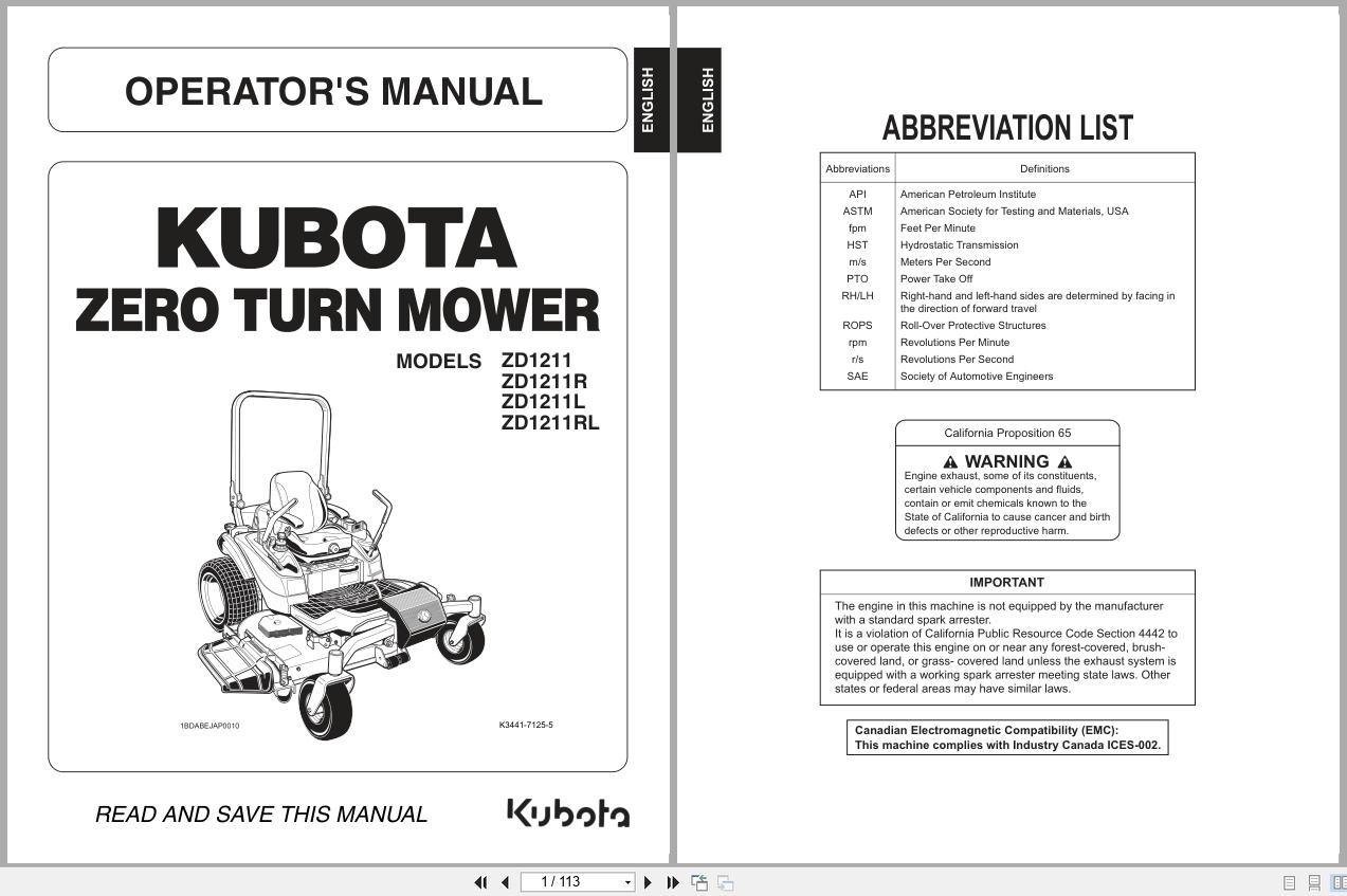 Kubota Zero Turn Mower ZD1211 to ZD1211RL Operators Manual K3441 7125 5 (1)