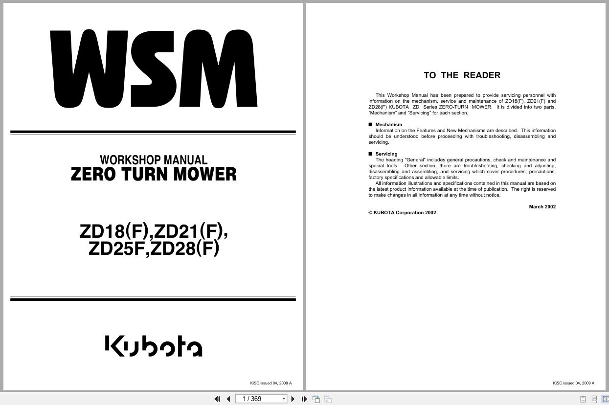 Kubota Zero Turn Mower ZD18 to ZD28 Workshop Manual 9Y011 15062 2009 (1)