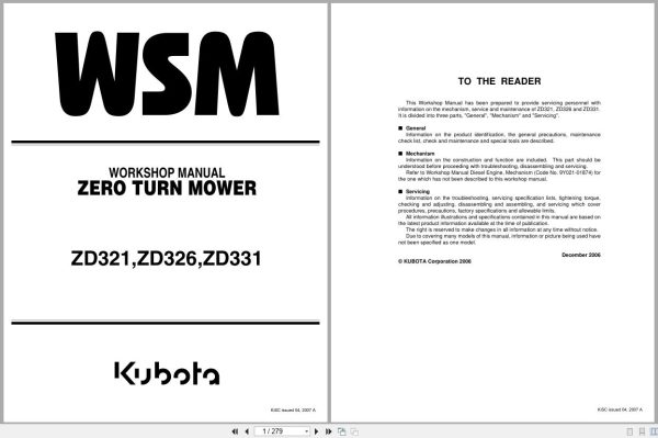 Kubota Zero Turn Mower ZD321 ZD326 ZD331 Workshop Manual 9Y111 00092 2007 (1)