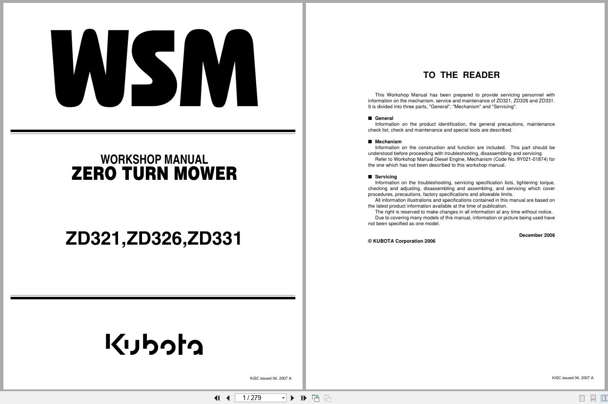 Kubota Zero Turn Mower ZD321 ZD326 ZD331 Workshop Manual 9Y111 00092 2007 (1)