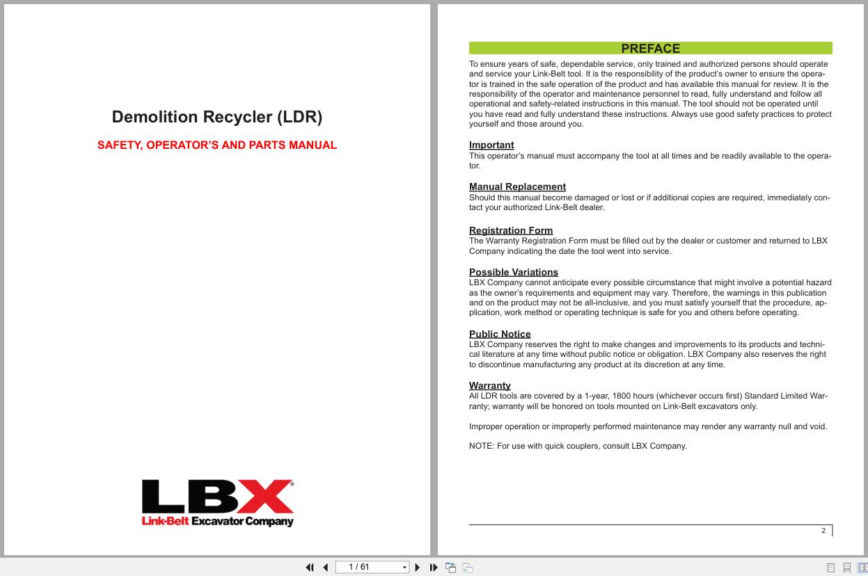 Link Belt Demolition Recycler LDR Safety Operator Parts Manual (1)