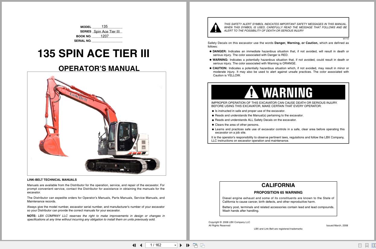 Link Belt Excavator 135 Spin Ace Tier 3 Operator Manual (1)