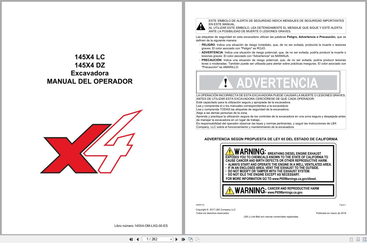 Link Belt Excavator 145X4LC 145X4DZ Operator Manual 145X4 OM LXG 00 ES 2019 (1)