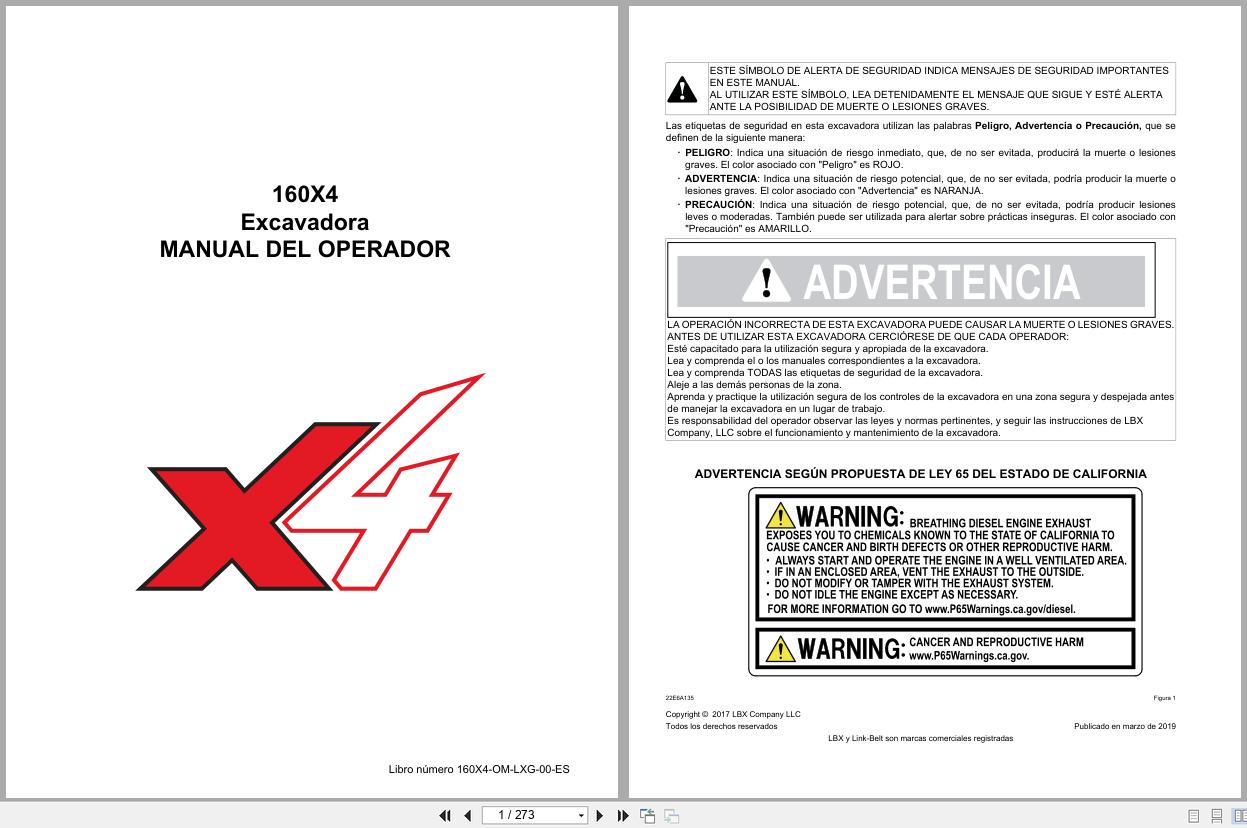 Link Belt Excavator 160X4 Operator Manual 160X4 OM LXG 00 ES 2019 ES (1)