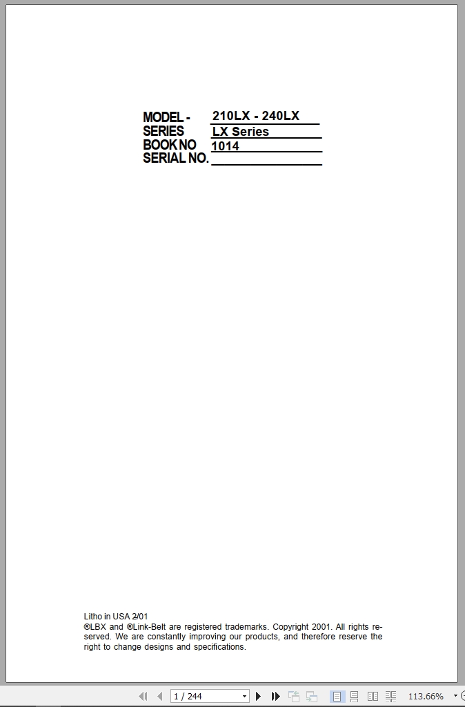 Link Belt Excavator 210LX 240LX Operator Manual (1)