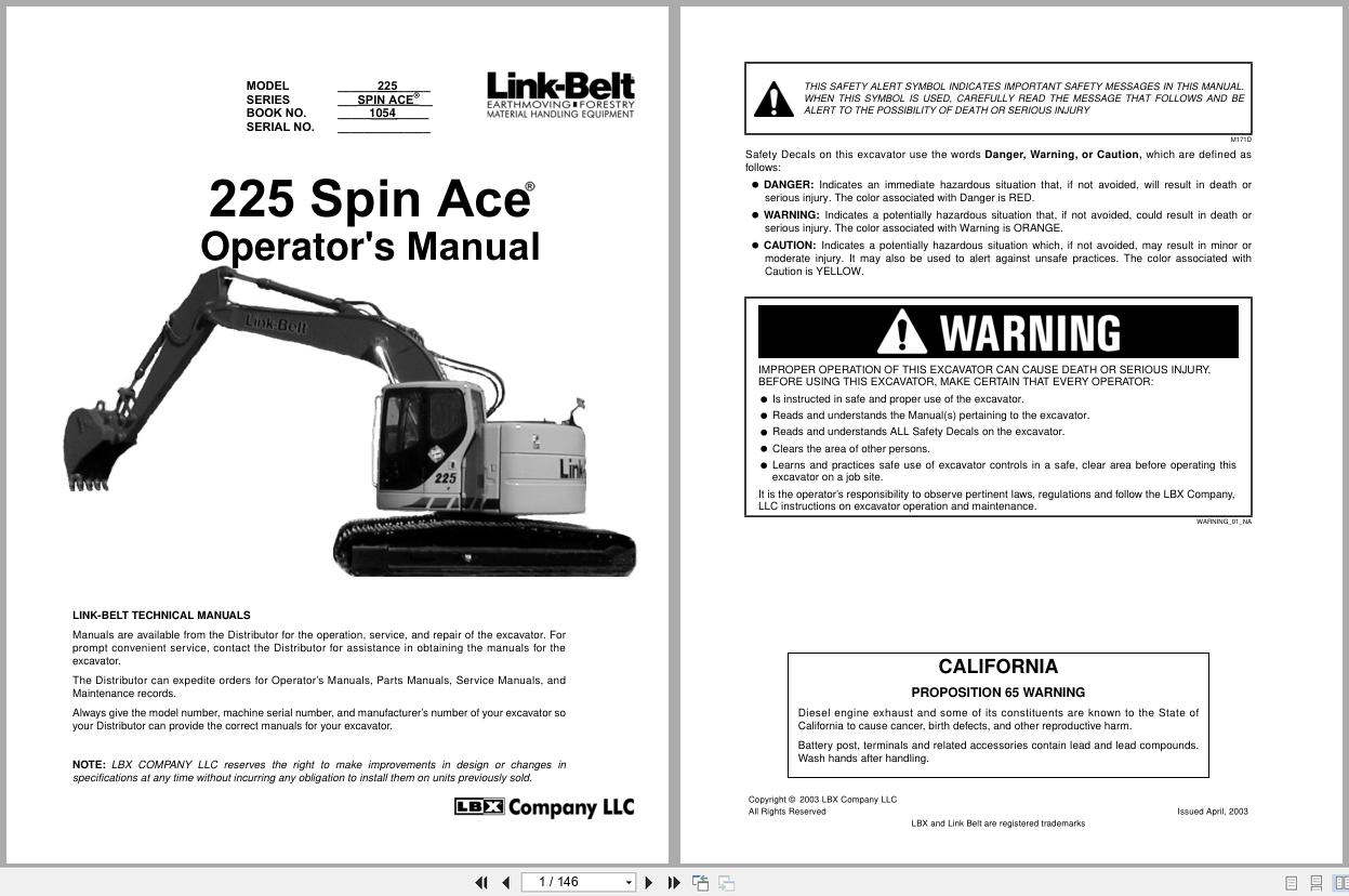 Link Belt Excavator 225 Spin Ace Operator Manual 1054 2003 (1)