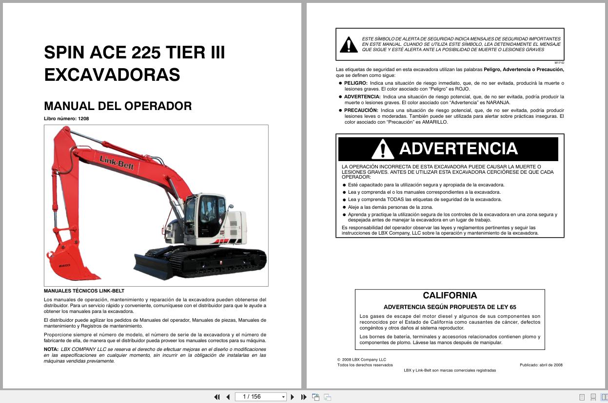 Link Belt Excavator 225 Spin Ace Tier 3 Operator Manual 1208 2008 ES (1)