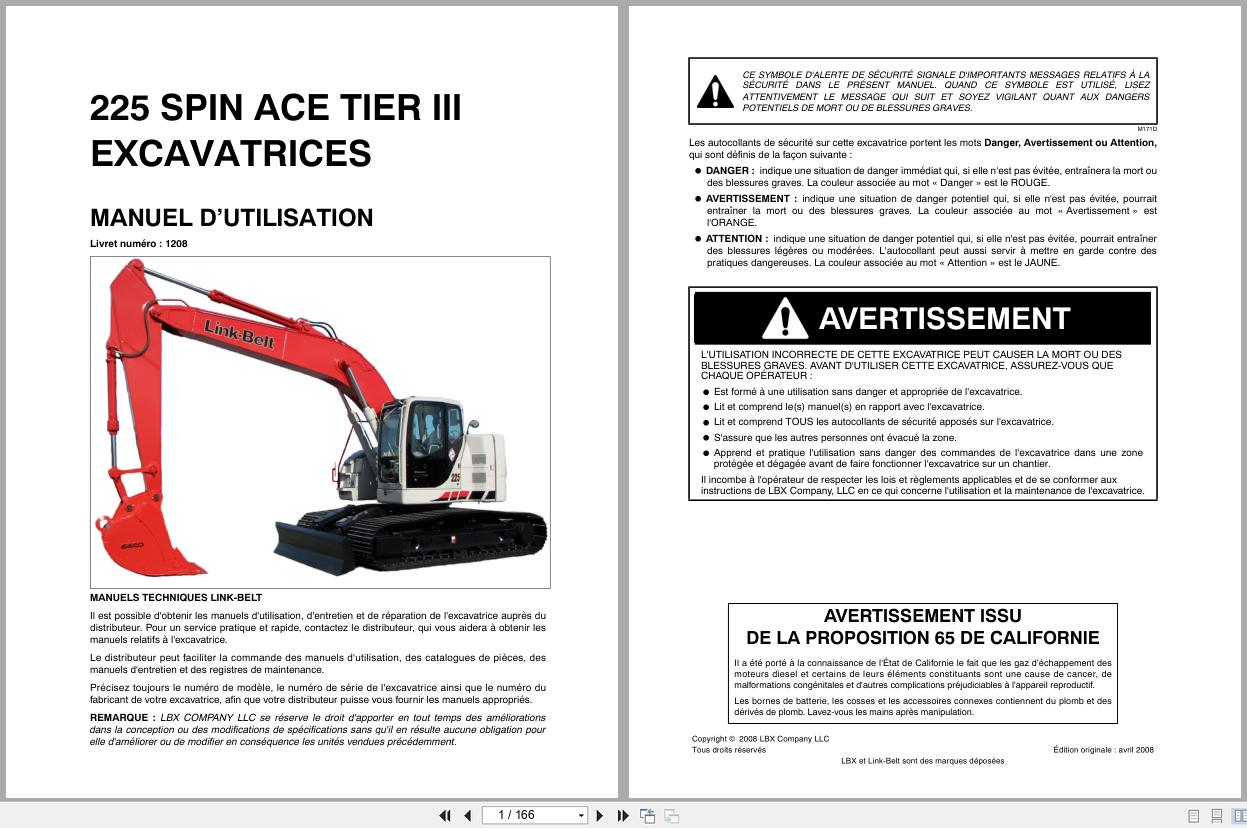 Link Belt Excavator 225 Spin Ace Tier 3 Operator Manual FR (1)