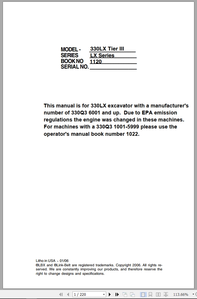 Link Belt Excavator 330LX Tier 3 Operator Manual (1)
