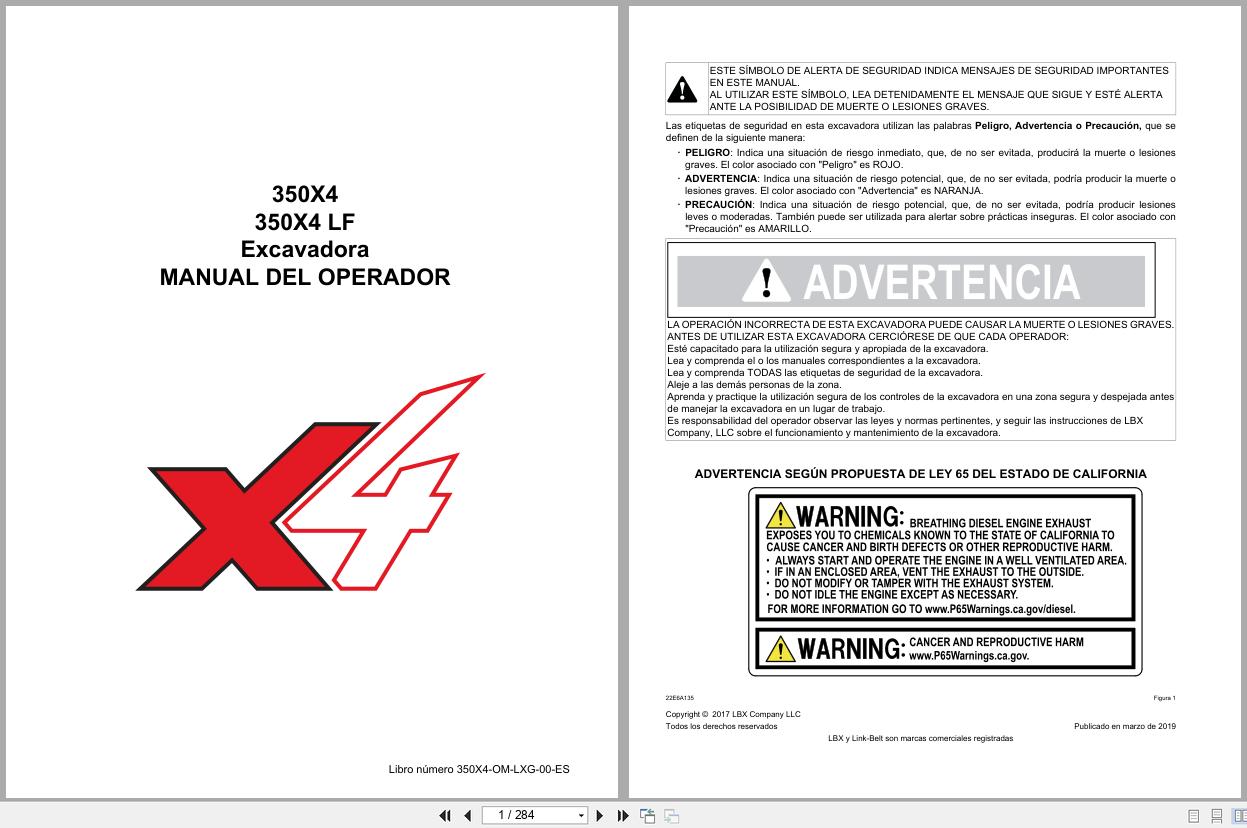 Link Belt Excavator 350X4 350X4 LF Operator Manual 350X4 OM LXG 00 ES 2019 ES (1)