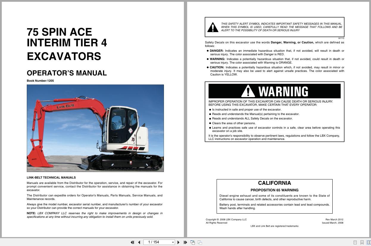Link Belt Excavator 75 Spin Ace Interim Tier 4 Operator Manual (1)