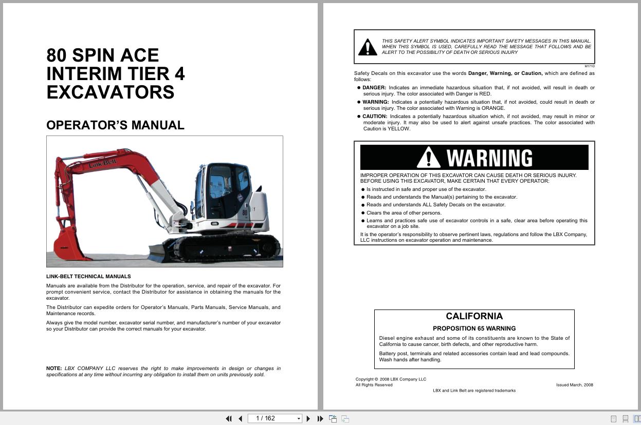 Link Belt Excavator 80 Spin Ace Interim Tier 4 Operator Manual (1)