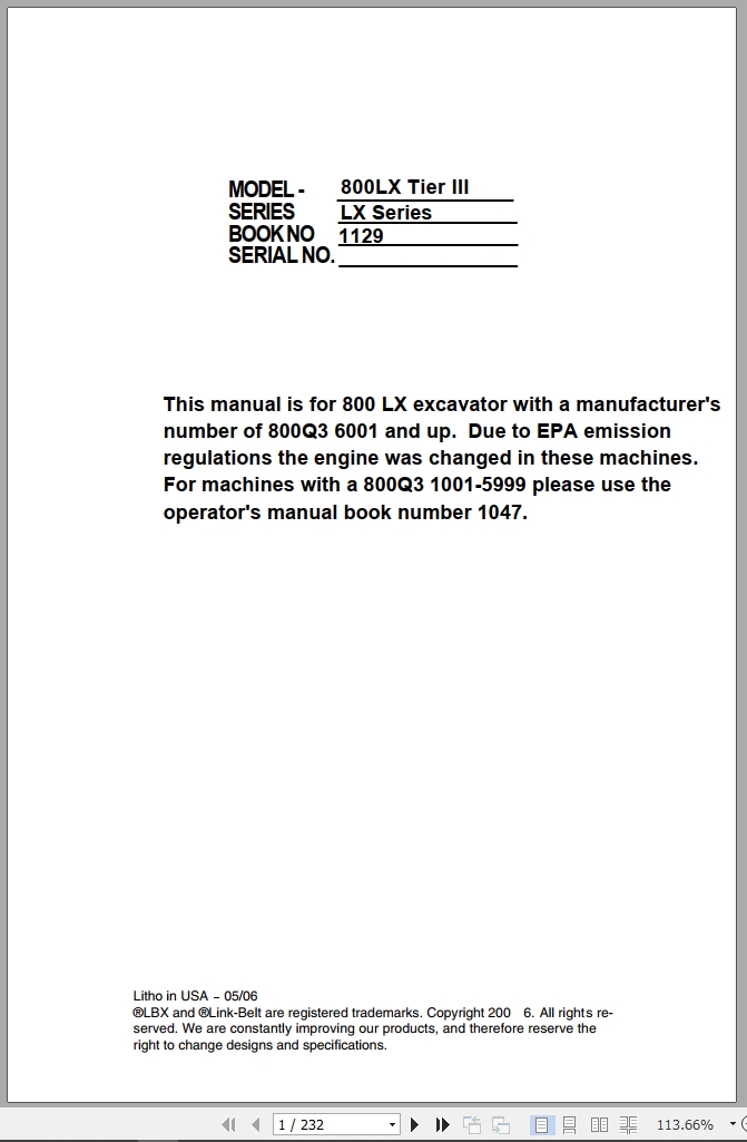Link Belt Excavator 800LX Tier 3 Operator Manual (1)
