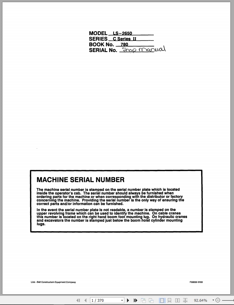 Link Belt Excavator LS 2650CII Shop Manual (1)