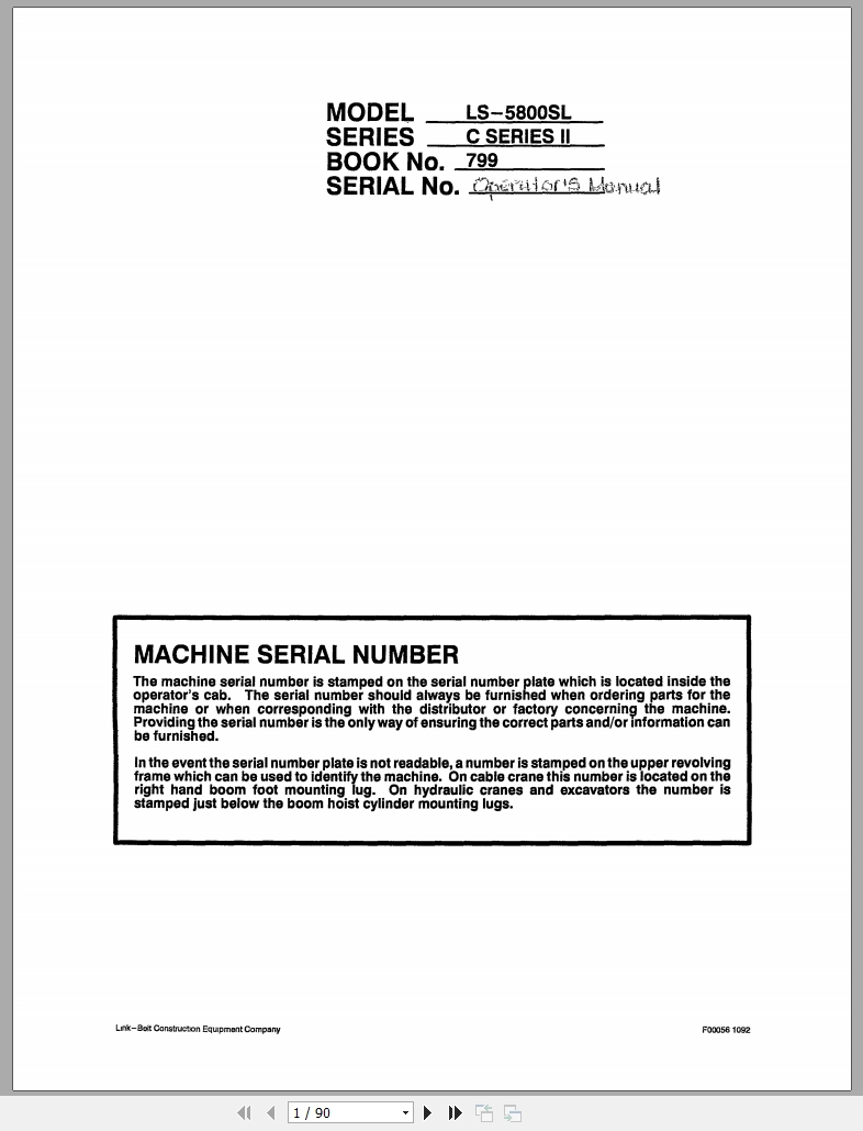 Link Belt Excavator LS 5800SLCII Operator Manual (1)