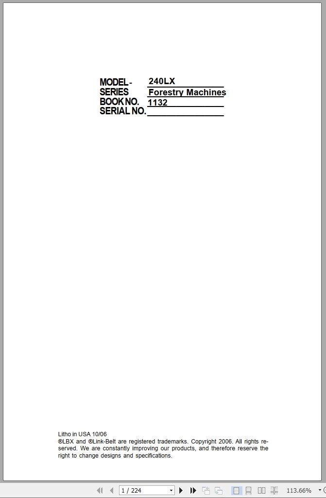 Link Belt Forestry Machine 240LX Operator Manual 1132 2006 (1)