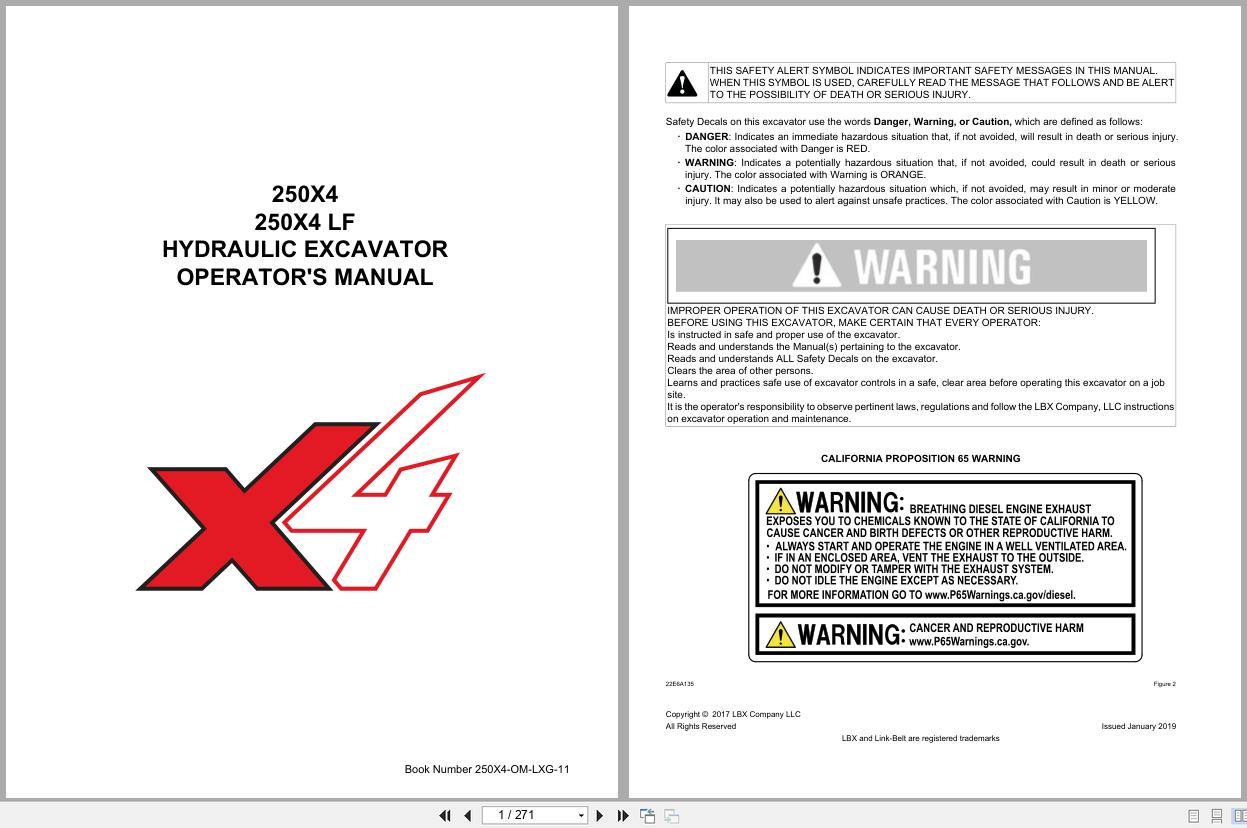 Link Belt Hydraulic Excavator 250X4 250X4LF Operator Manual 250X4 OM LXG 11 2019 (1)