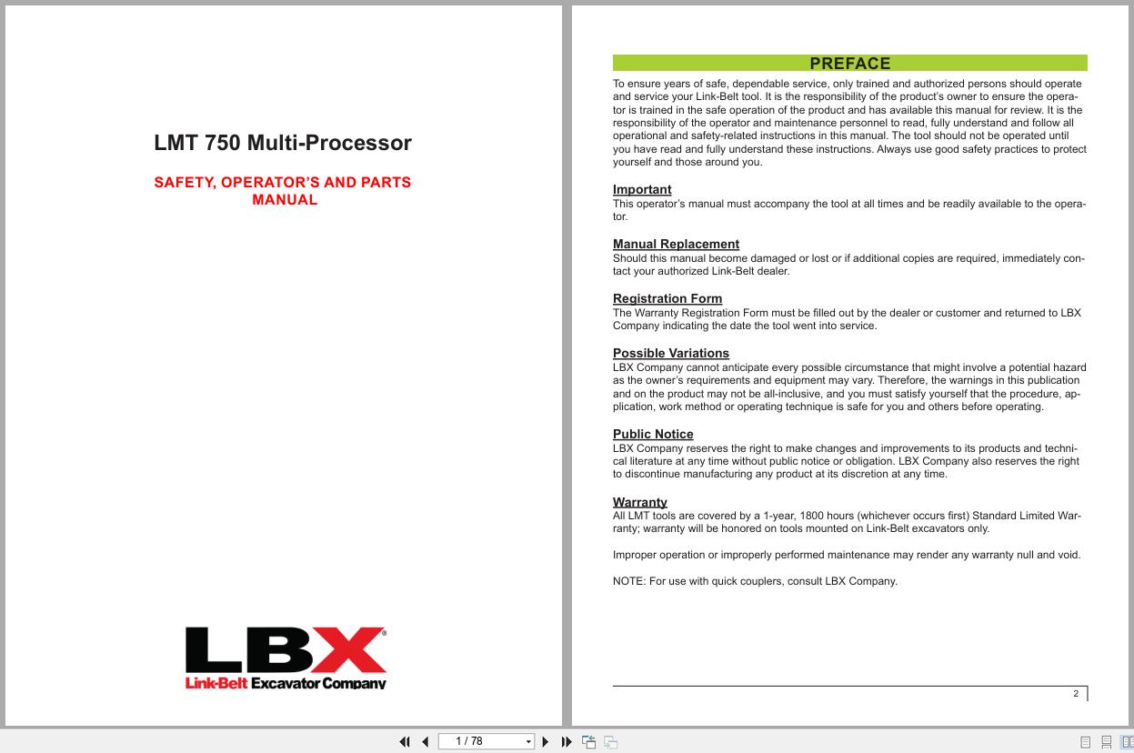 Link Belt Multi Processor LMT 750 Safety Operator Parts Manual (1)