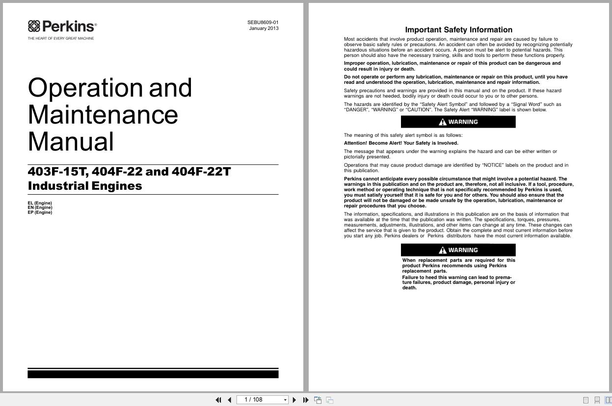 Perkins Engine 403F 15T 404F 22 404F 22T Operation And Maintenance Manual SEBU8609 01 2013 (1)