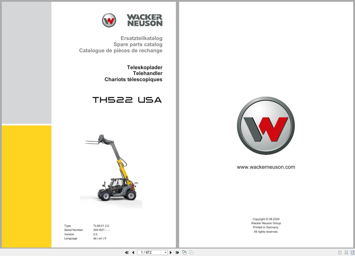 Wacker Neuson Telehandler TH522 USA TL48 01 2.0 Spare Parts Catalog 08.2024 DE EN FR (1)