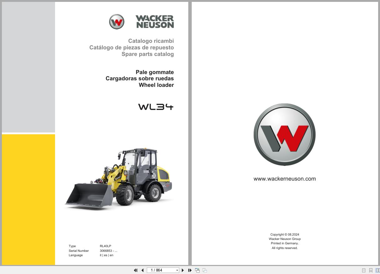 Wacker Neuson Wheel Loader WL34 RL40LP Spare Parts Catalog 08.2024 IT ES EN (1)