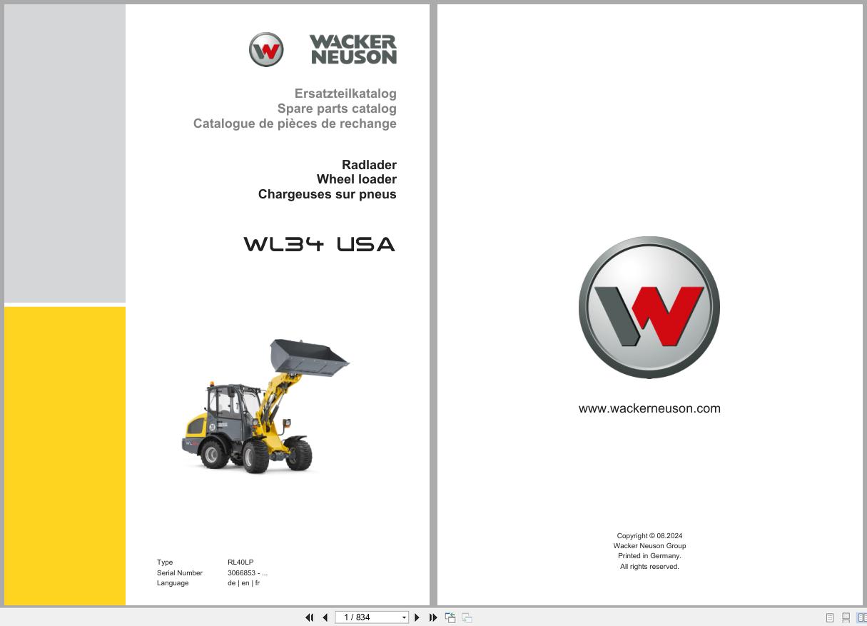 Wacker Neuson Wheel Loader WL34 USA RL40LP Spare Parts Catalog 08.2024 DE EN FR (1)