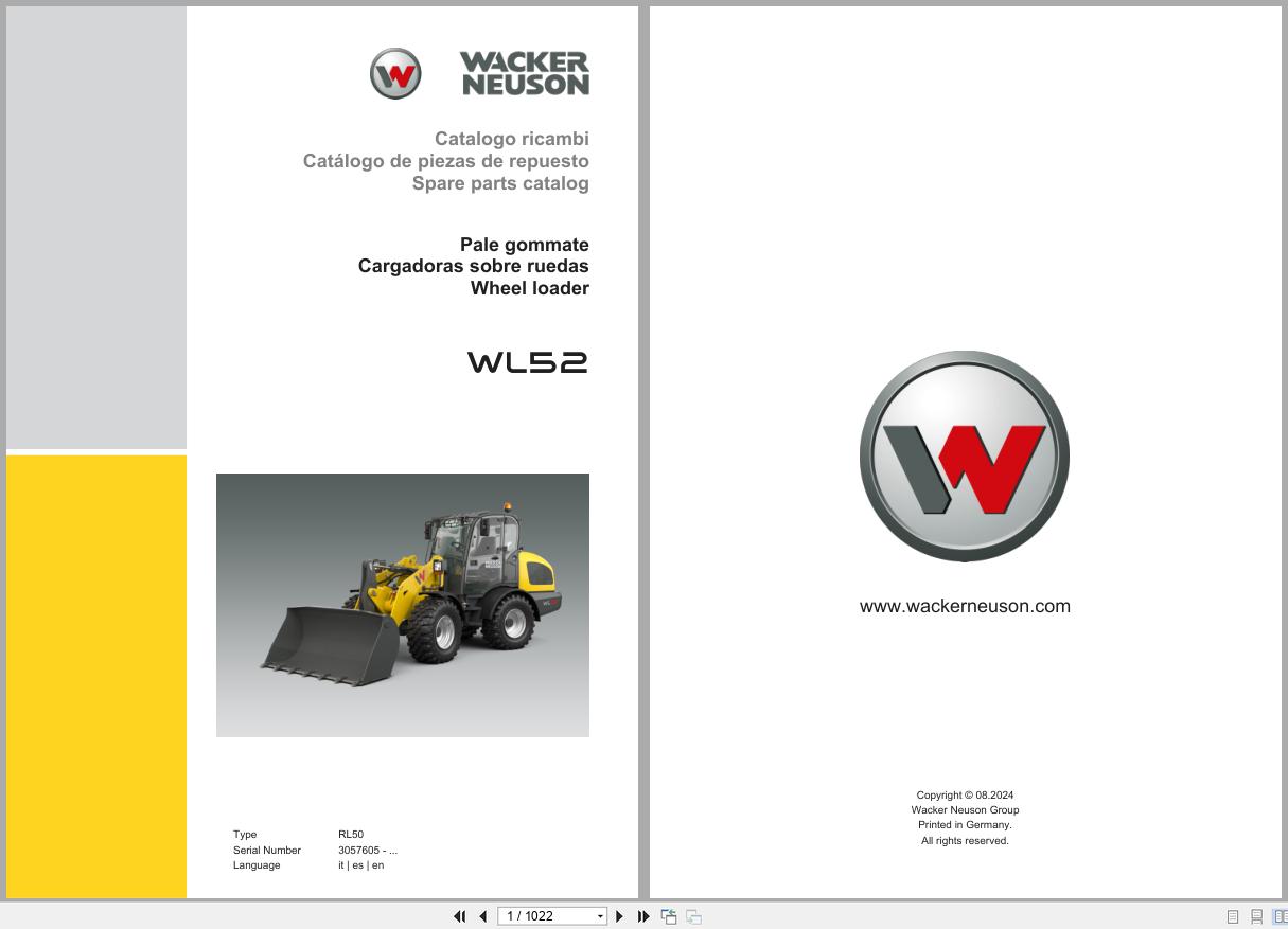 Wacker Neuson Wheel Loader WL52 RL50 Spare Parts Catalog 08.2024 IT ES EN (1)
