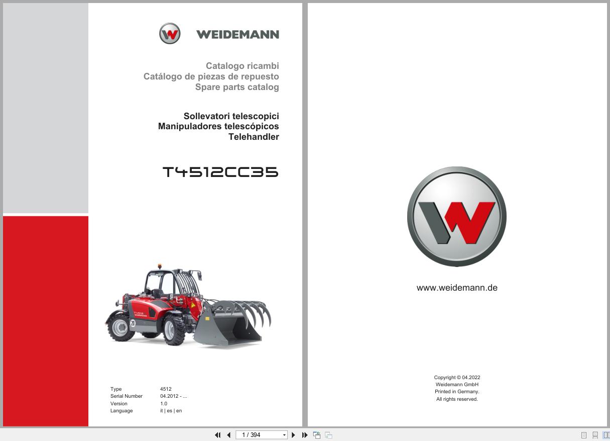 Weidemann Telehandler T4512CC35 4512 Spare Parts Catalog 04.2022 IT ES EN (1)