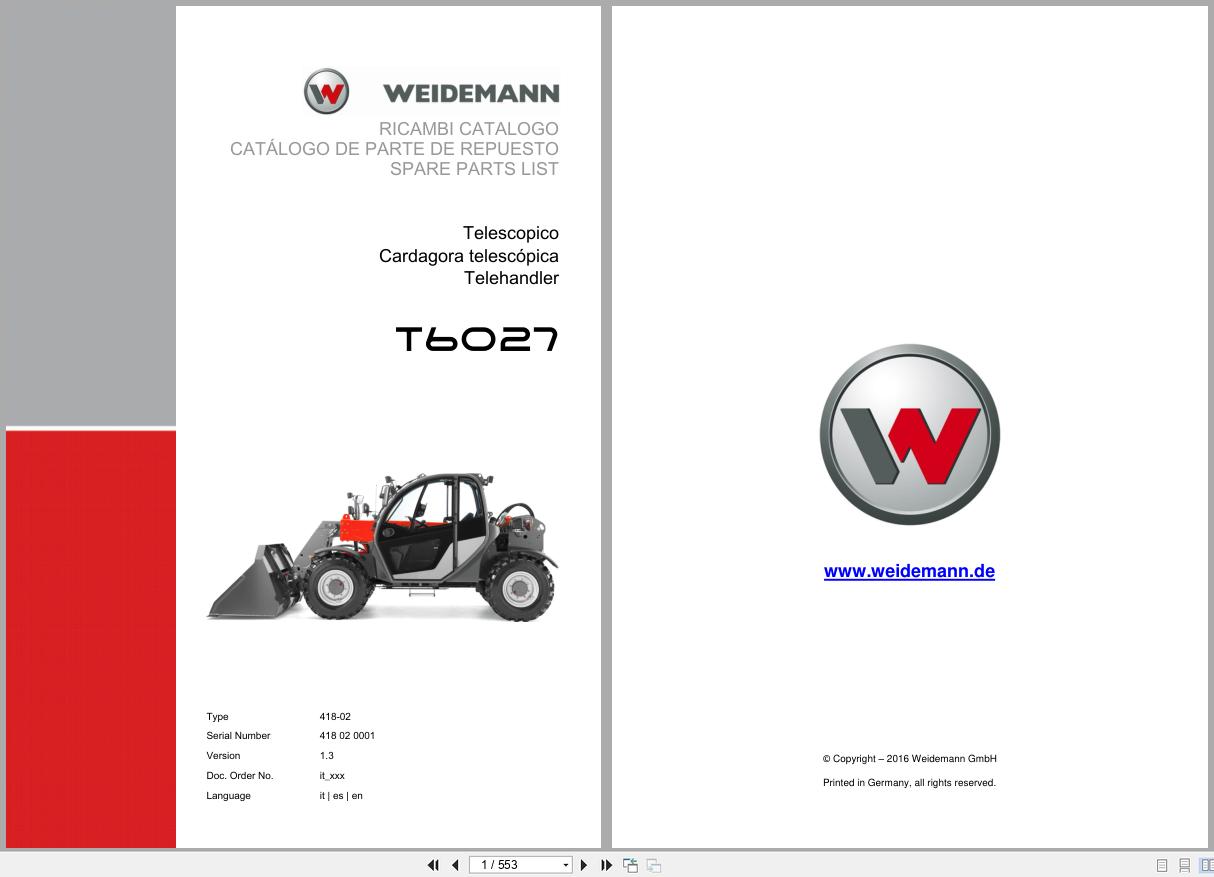 Weidemann Telehandler T6027 418 02 Spare Parts List 2016 IT ES EN (1)