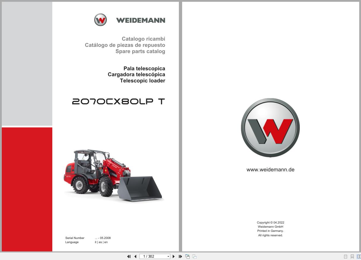 Weidemann Telescopic Loader 2070CX80LP T Spare Parts Catalog 04.2022 IT ES EN (1)
