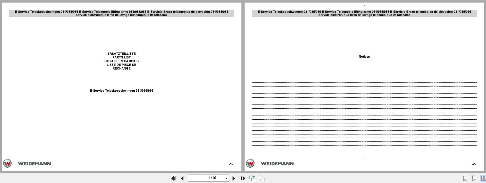 Weidemann Telescopic Loader Lifting Arms 981 985 986 Parts List (1)