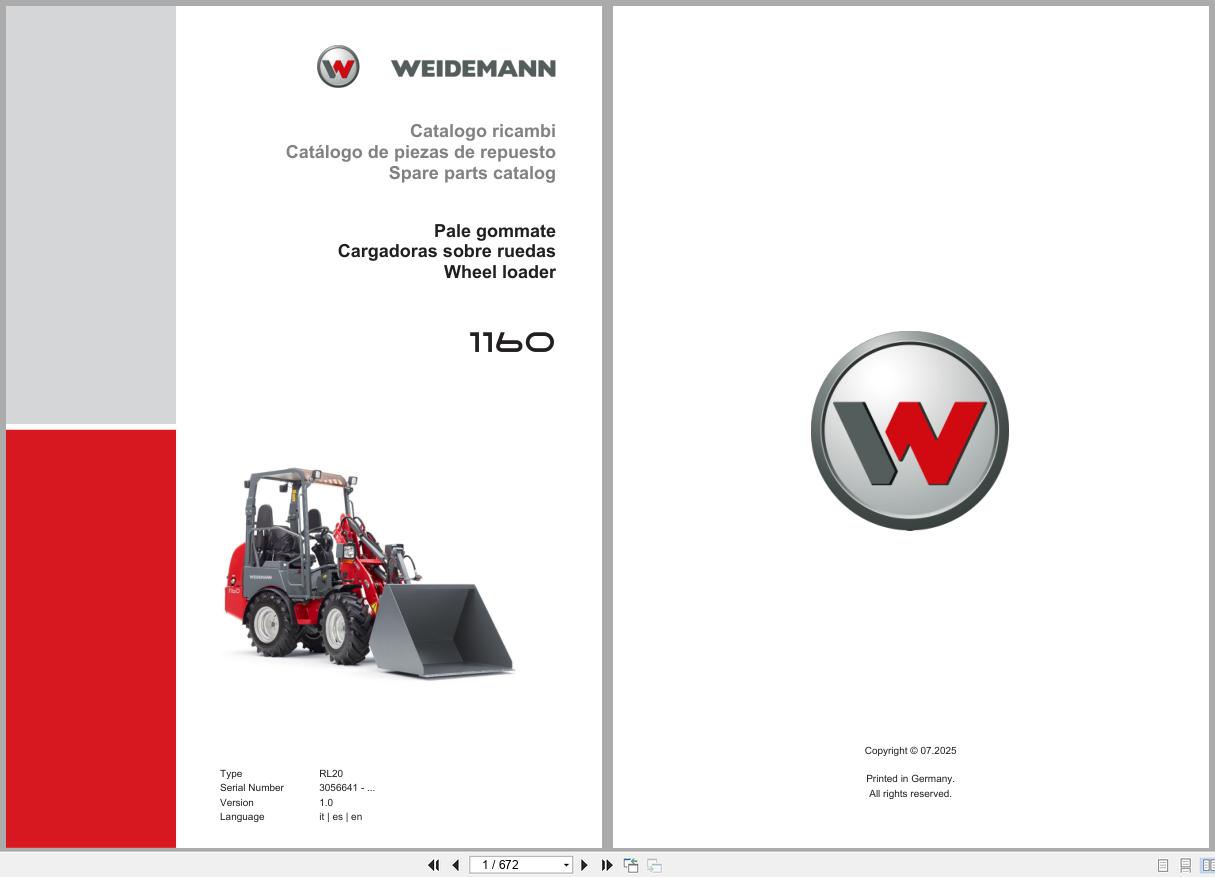 Weidemann Wheel Loader 1160 RL20 Spare Parts Catalog 07.2025 IT ES EN (1)