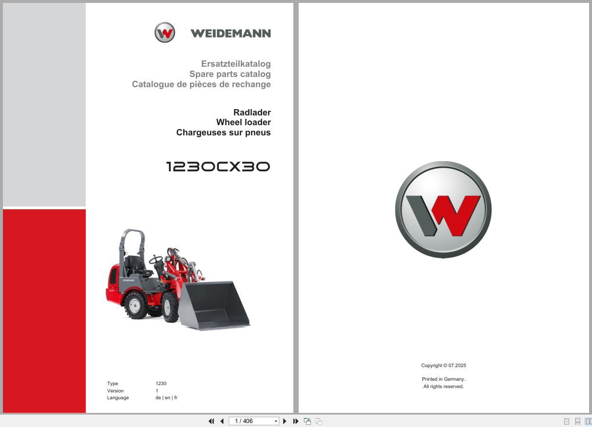 Weidemann Wheel Loader 1230CX30 1230 Spare Parts Catalog 07.2025 DE EN FR (1)