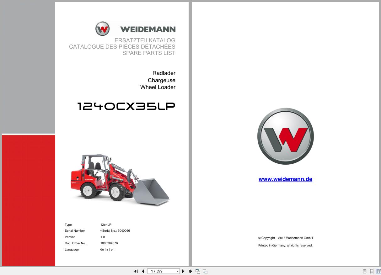 Weidemann Wheel Loader 1240CX35 LP 12er LP Spare Parts List 1000304376 04.2019 DE FR EN (1)
