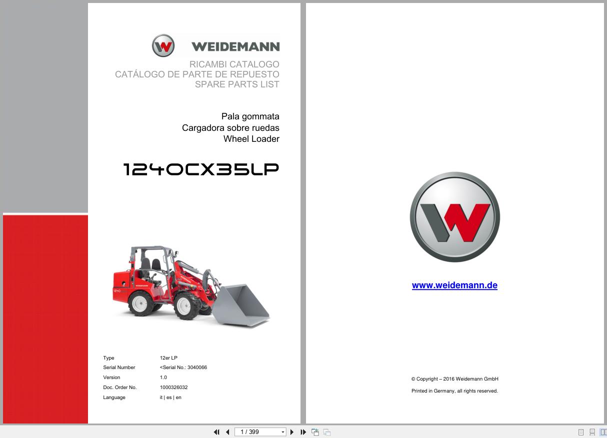 Weidemann Wheel Loader 1240CX35 LP 12er LP Spare Parts List 1000326032 04.2019 IT ES EN (1)