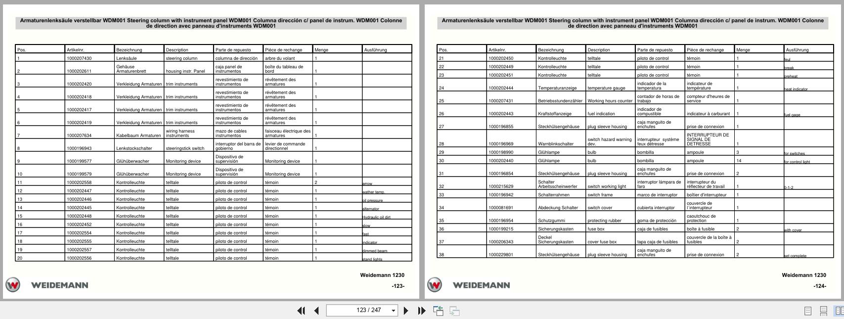 Weidemann Wheel Loader 1250 P26 P27 P33 P34 Parts List 5056125005 DE EN FR ES (2)