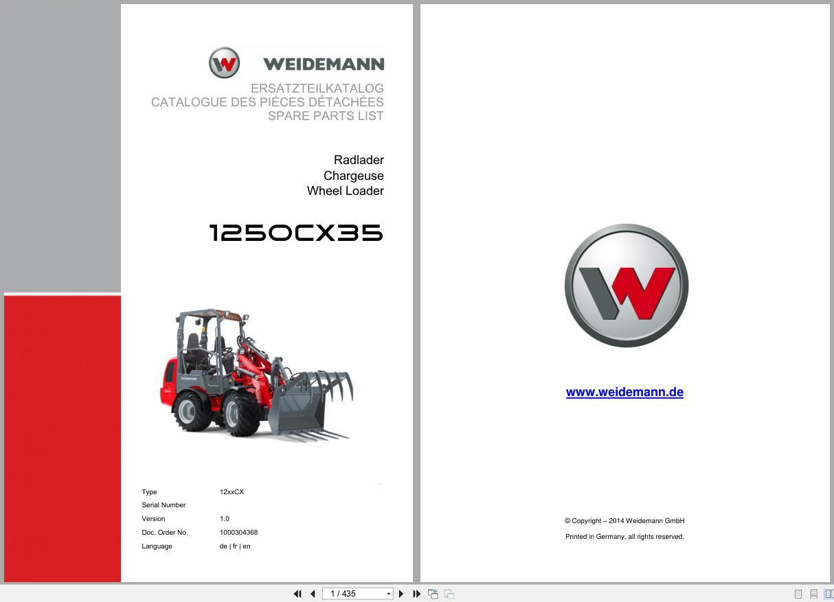 Weidemann Wheel Loader 1250CX35 12xxCX Spare Parts List 1000304368 04.2019 DE FR EN (1)