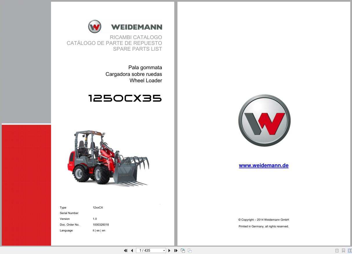 Weidemann Wheel Loader 1250CX35 12xxCX Spare Parts List 1000326018 04.2019 IT ES EN (1)
