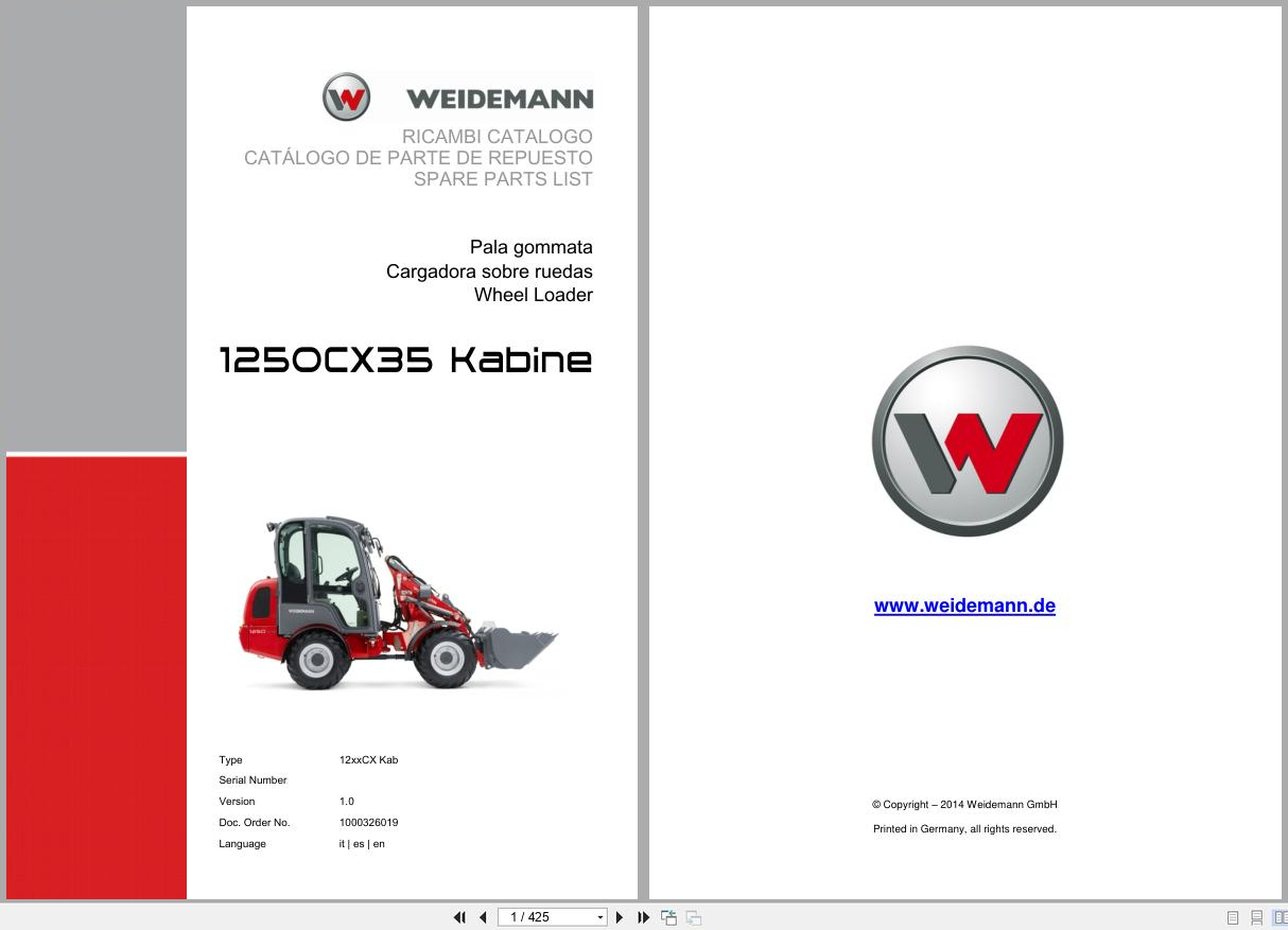 Weidemann Wheel Loader 1250CX35 Kabine 12xxCX Kab Spare Parts List 1000326019 04.2019 IT ES EN (1)