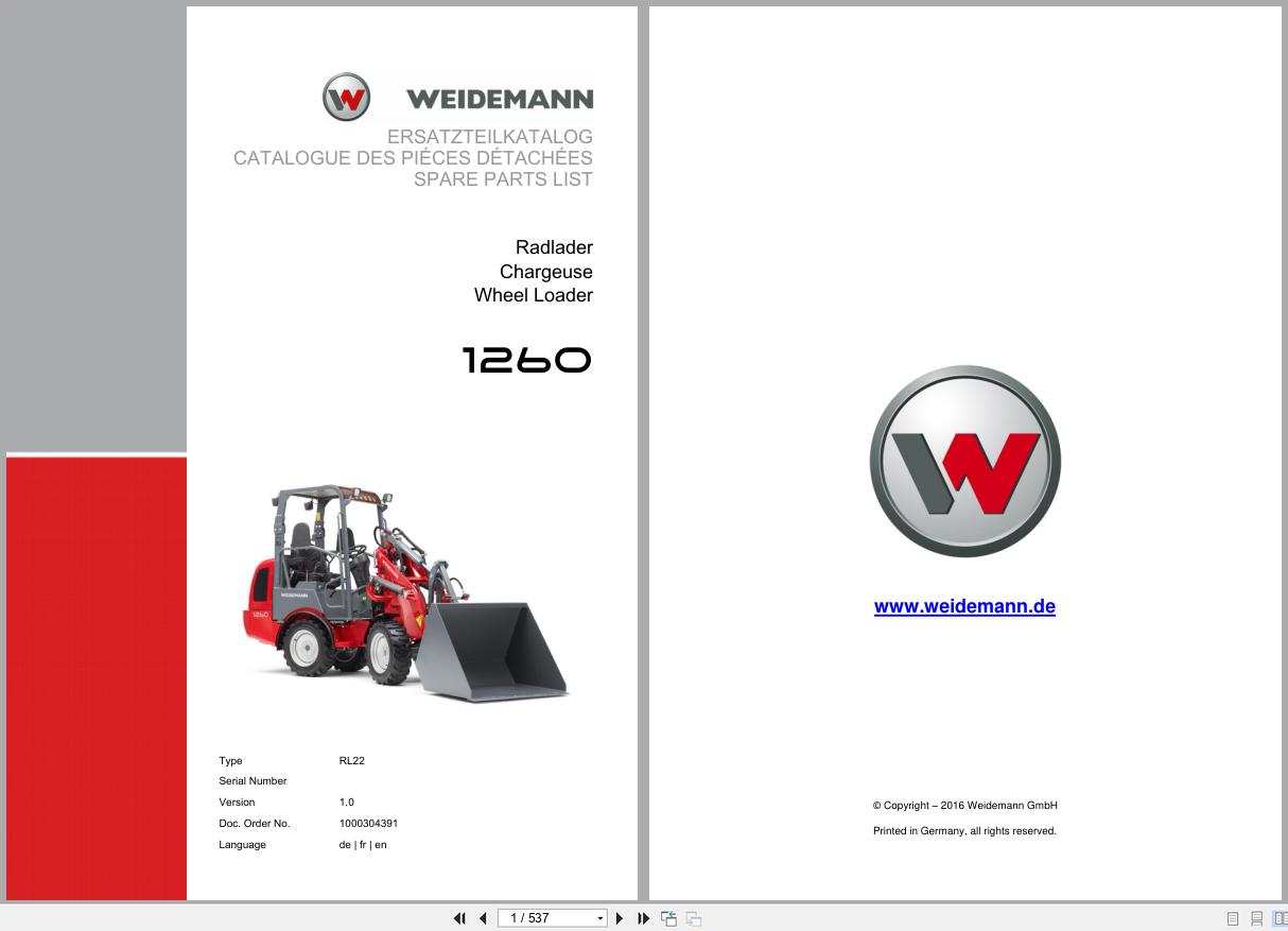 Weidemann Wheel Loader 1260 RL22 Spare Parts List 1000304391 04.2019 DE FR EN (1)