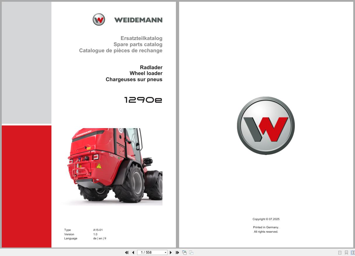Weidemann Wheel Loader 1290E A15 01 Spare Parts Catalog 07.2025 DE EN FR (1)